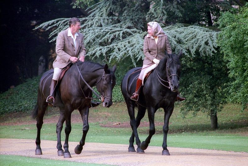 The Queen riding horses with President Reagan