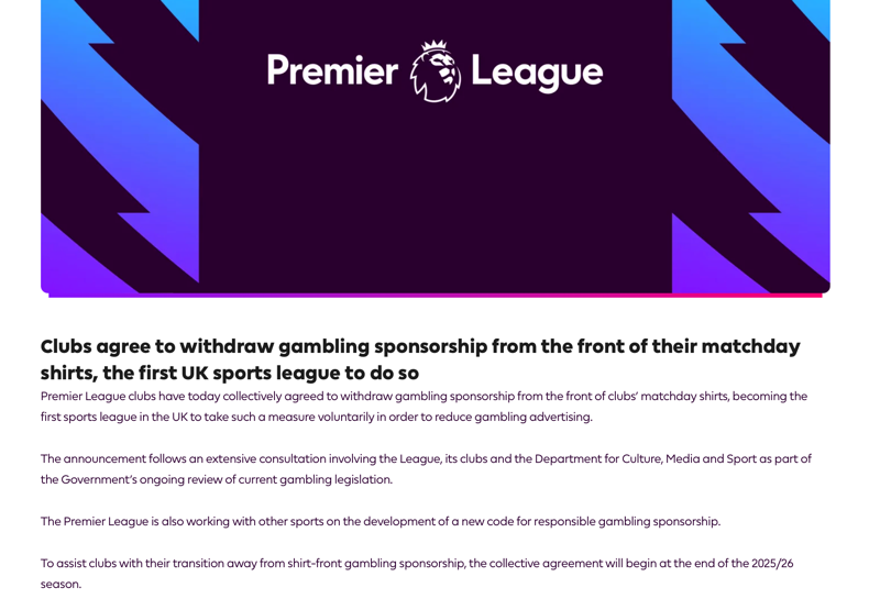 Premier League statement on gambling shirts
